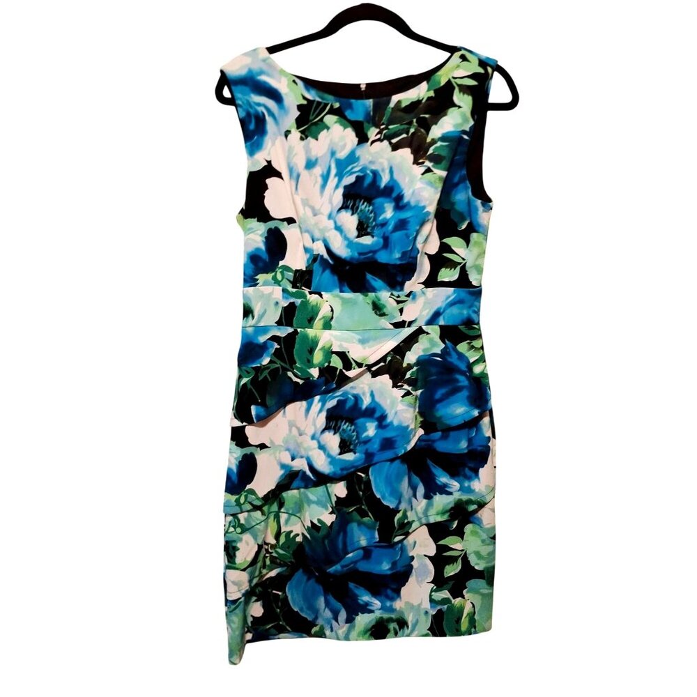 Floral Sleeveless Sheath Dress By Signature Sabrina Size 10 Black/Blue/Green Pol